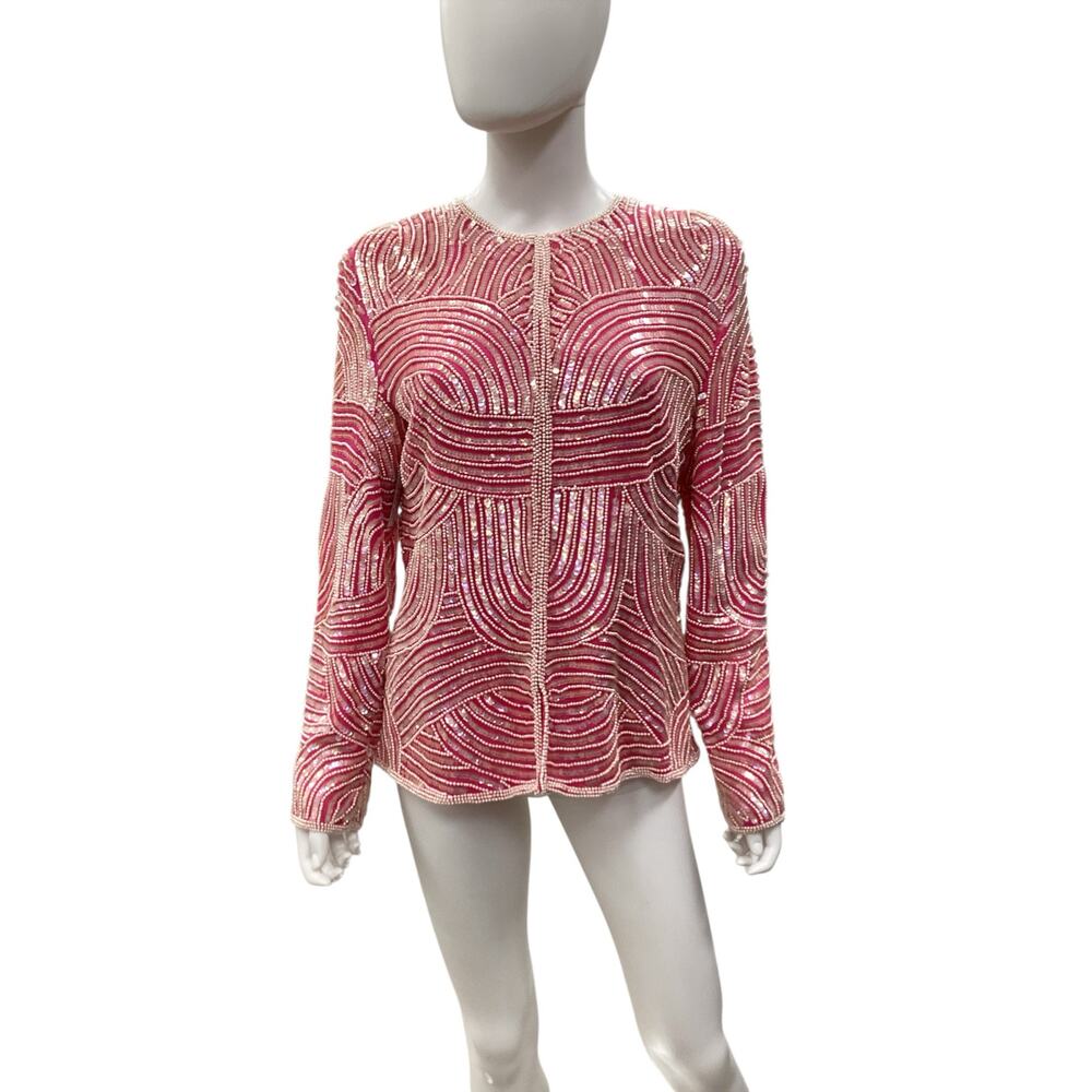 VTG Top Women’s Size S Silk Faux Pearls Clear Iridescent SequinsLong Sleeve Pink